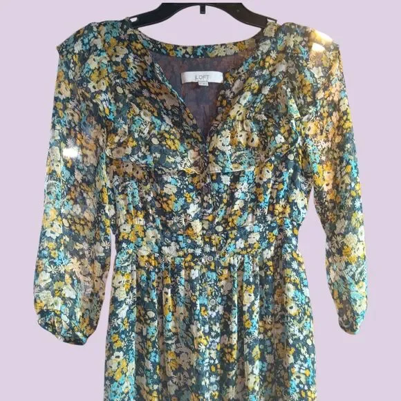 LOFT Floral Midi Shirt Dress Sz XS 0-2 Ruffle Blue Yellow - Picture 3 of 10